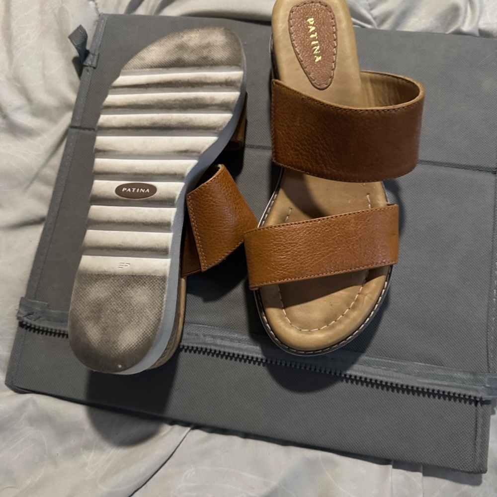 Portland Leather Goods Patina Brown Leather Slides Size 8 - Picture 3 of 6